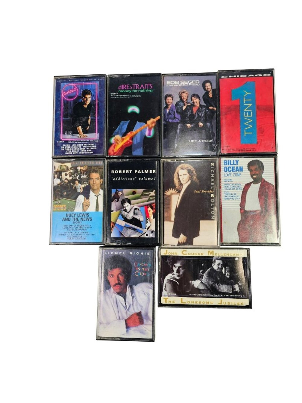 Lot of 10 Classic Rock/Pop Cassette Tapes 80s Dire Straits Huey Lewis Bob Seger